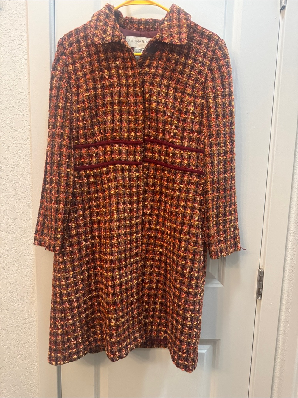 Sag Harbor Tweed Trench Coat in Burgundy Multi-Color